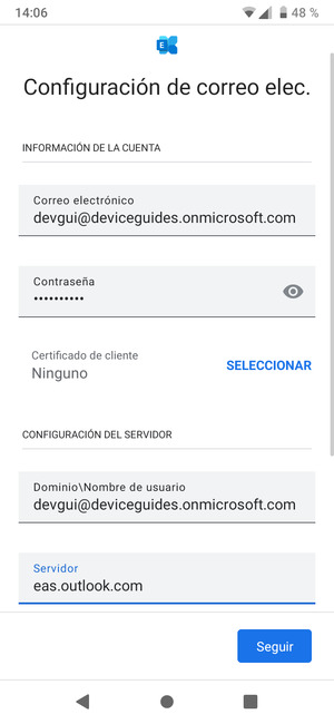 Introduzca Nombre de usuario y la dirección de servidor Exchange. Seleccione Seguir