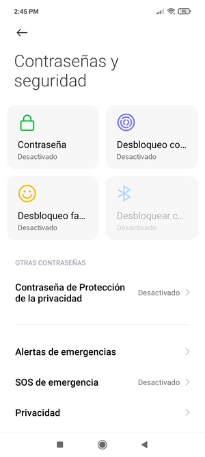 Para activar su bloqueo de pantalla, vaya al menú Contraseñas y seguridad y seleccione Contraseña