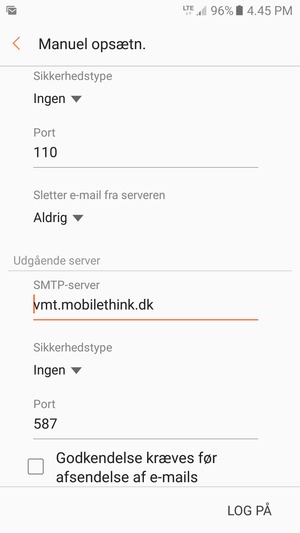 Fjern markeringen i tjekboksen Der kræves godkendelse før afsendelse af e-mails og vælg LOG PÅ