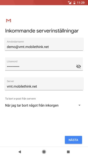 Ange Användarnamn och inkommande serveradress. Välj NÄSTA