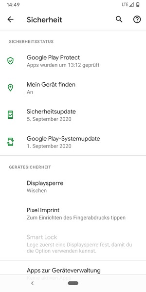 Um Ihre Bildschirmsperre zu aktivieren, gehen Sie zum Sicherheit Menü und wählen Sie  Displaysperre