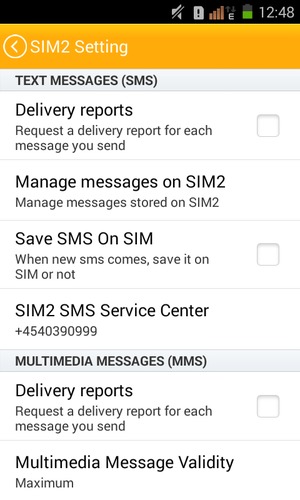 Select SIM1 SMS Service Center or SIM2 SMS Service Center