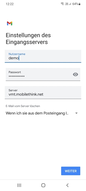 Geben Sie Benutzername und die Server-Adresse für eingehende Post ein. Wählen Sie WEITER
