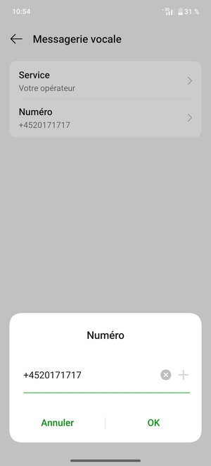 Saisissez le Numéro de messagerie vocale et sélectionnez OK