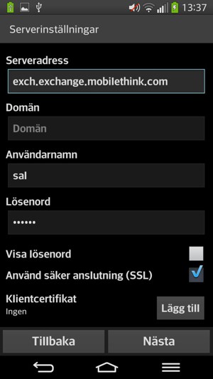 Ange Exchange-serveradress och Användarnamn. Välj Nästa