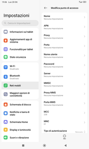 Inserisci le informazioni di Internet
