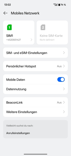 Wählen Sie SIM1 oder SIM2