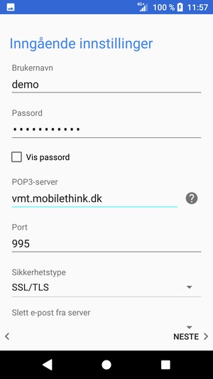 Skriv inn Brukernavn og innkommende serveradresse