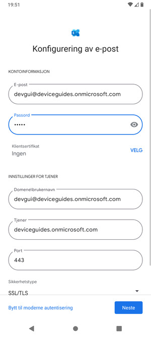 Skriv inn Brukernavn og Exchange serveradresse. Velg Neste
