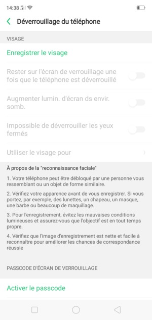 Faites défiler et sélectionnez Activer le passcode