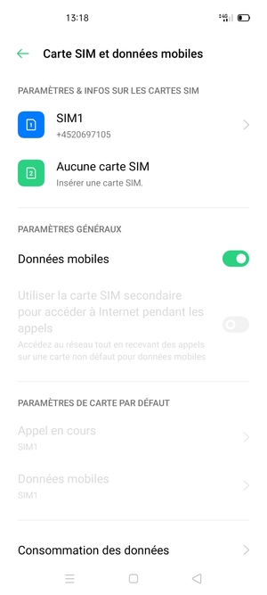 Sélectionnez SIM1 ou SIM2