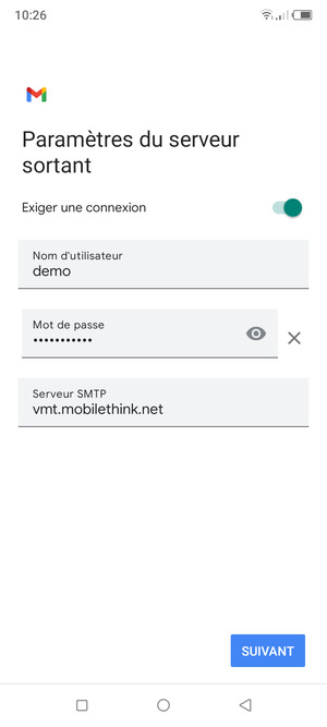 Saisissez l'adresse du serveur sortant et sélectionnez SUIVANT