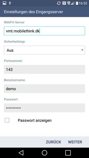 Geben Sie Eingang Server-Adresse und Benutzername ein. Wählen Sie WEITER