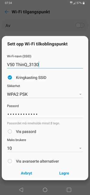 Skriv inn et Wi-Fi hotspot-passord på minst 8 tegn og velg Lagre