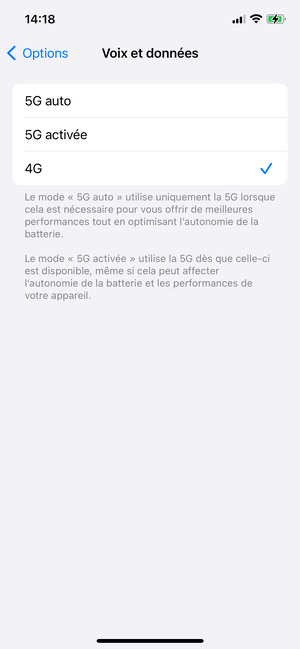 Pour activer la 4G, sélectionnez 4G