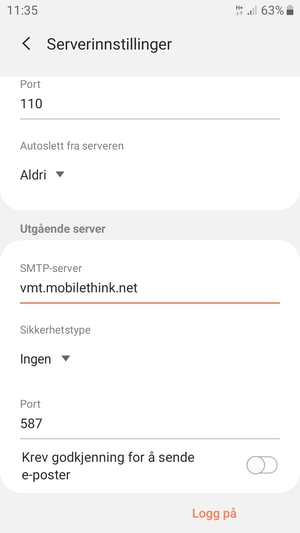 Slå av Krev godkjenning for å sende e-poster og velg Logg på