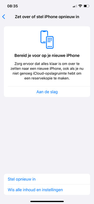 Selecteer Wis alle inhoud en instellingen
