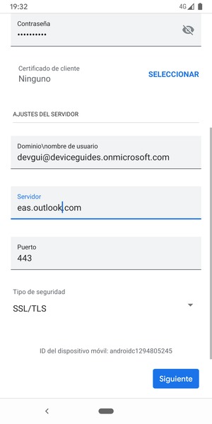 Introduzca Nombre de usuario y la dirección de servidor Exchange. Seleccione Siguiente