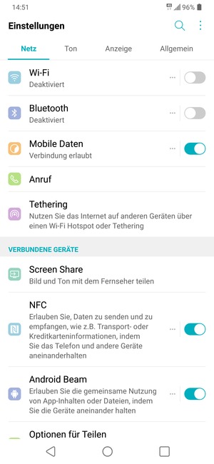 Wählen Sie Netz und Tethering