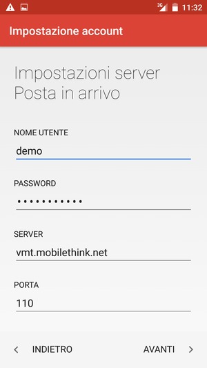 Inserisci Nome utente e l'indirizzo del server di posta in arrivo