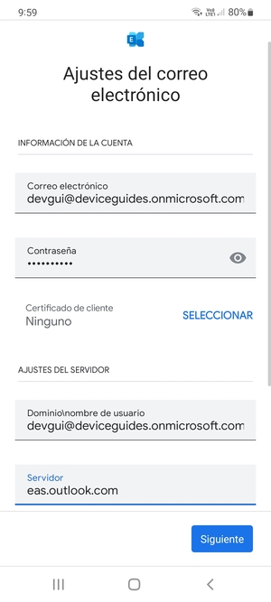 Introduzca Nombre de usuario y la dirección de servidor Exchange. Seleccione Siguiente