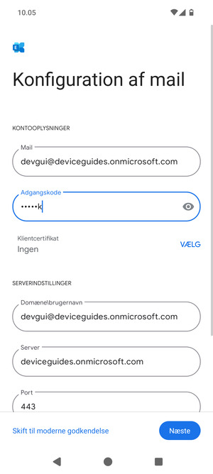 Indtast Brugernavn og Exchange serveradresse. Vælg Næste