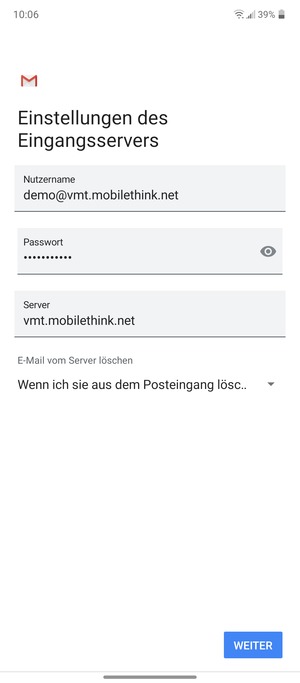 Geben Sie Benutzername und die Server-Adresse für eingehende Post ein. Wählen Sie WEITER