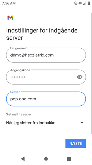 Indtast Brugernavn og indgående serveradresse. Vælg NÆSTE