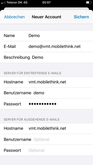 Geben Sie E-Mail-Informationen für SERVER FÜR AUSGEHENDE E-MAILS ein und wählen Sie Sichern