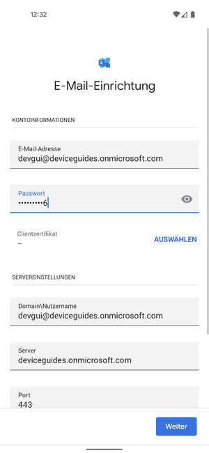 Geben Sie Benutzername und Exchange Server-Adresse ein. Wählen Sie Weiter