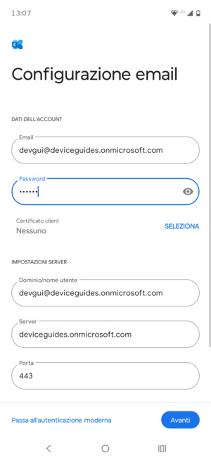 Inserisci Nome utente e l'indirizzo del server Exchange. Seleziona Avanti
