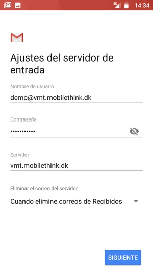 Introduzca Nombre de usuario y la dirección de servidor entrante. Seleccione SIGUIENTE