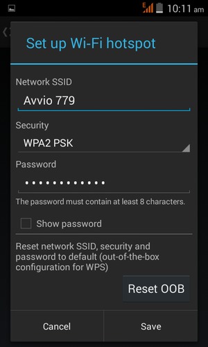 Enter a Wi-Fi hotspot password of at least 8 characters and select Save