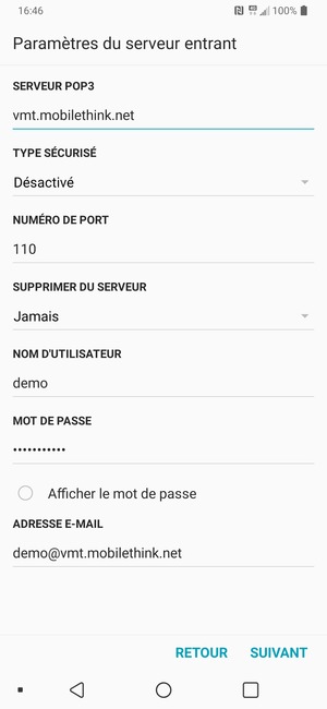 Saisissez l'adresse du serveur entrant et le Nom d'utilisateur. Sélectionnez SUIVANT