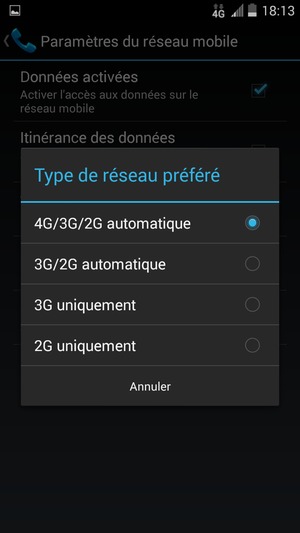 Sélectionnez 2G uniquement / GSM uniquement pour activer 2G