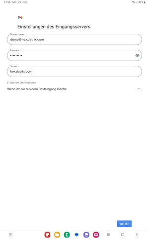Geben Sie Benutzername und die Server-Adresse für eingehende Post ein. Wählen Sie WEITER