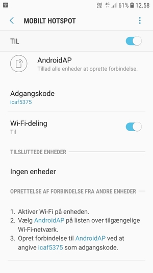 Din telefon er nu sat op til brug som modem