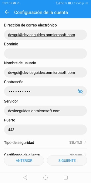 Introduzca la dirección de servidor Exchange y seleccione SIGUIENTE