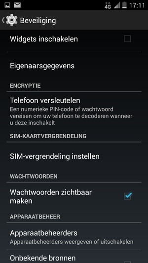 Om de pin voor de simkaart te wijzigen, keert u terug naar het menu Beveiliging en selecteert u SIM-vergrendeling instellen