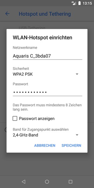 Geben Sie eine WLAN-Hotspot-Passwort mit mindestens 8 Zeichen ein und wählen Sie SPEICHERN