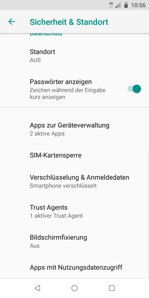 Um die PIN für die SIM-Karte zu wechseln, gehen Sie zum Sicherheit & Standort Menü zurück und scrollen Sie und wählen Sie SIM-Kartensperre