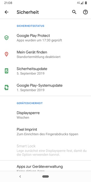 Um Ihre Bildschirmsperre zu aktivieren, gehen Sie zum Sicherheit Menü und wählen Sie  Displaysperre