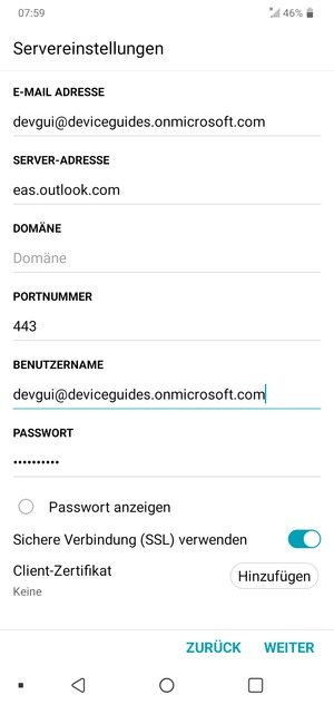 Geben Sie Exchange Server-Adresse und Benutzername ein. Wählen Sie WEITER