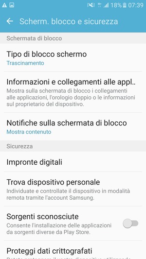Per attivare il blocco dello schermo, vai al menu Scherm. blocco e sicurezza e seleziona Tipo di blocco schermo