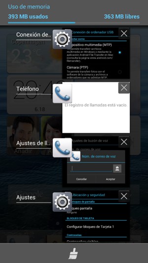 Seleccione el icono Eliminar para cerrar todas las aplicaciones en ejecución