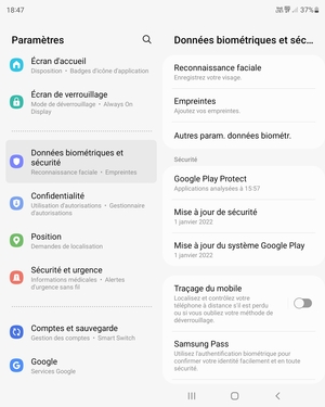 Faites défiler et sélectionnez Données biométriques et sécurité