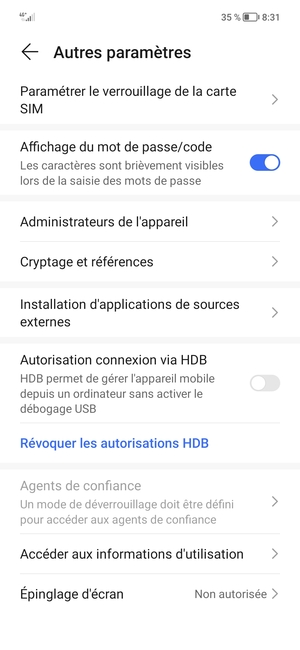 Sélectionnez Paramètres le  verrouillage de la carte SIM