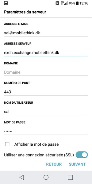 Saisissez l'adresse du serveur Exchange et le NOM D'UTILISATEUR. Sélectionnez SUIVANT