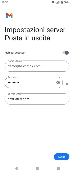 Inserisci l'indirizzo del server di posta in uscita e seleziona Avanti