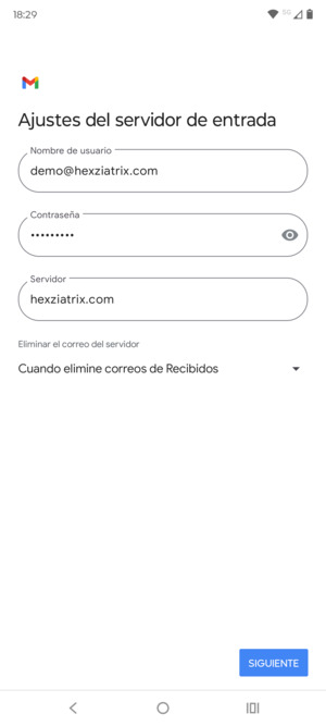 Introduzca Nombre de usuario y la dirección de servidor entrante. Seleccione SIGUIENTE